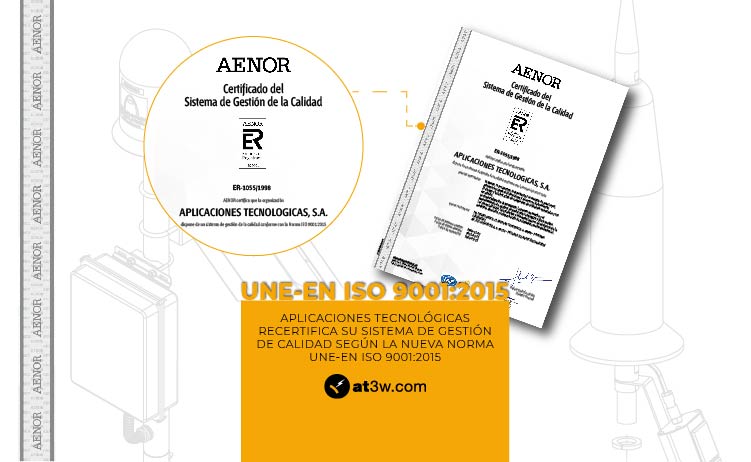 Aplicaciones Tecnológicas S.A. vuelve a obtener el Certificado ISO 9001 ratificando así su compromiso con la profesionalidad, excelencia y calidad de sus productos. La apuesta por la mejora continua en sus procesos de diseño, producción, comercialización, instalación y revisión de sistemas de protección contra el rayo, así como en sus divisiones de detectores de tormentas y soldadura exotérmica, avalan nuevamente su certificado de calidad.