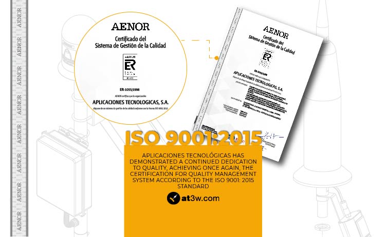 Aplicaciones Tecnológicas S.A. once again obtains the ISO 9001 Certificate, thus ratifying its commitment to the professionalism, excellence and quality of its products. The commitment to the continuous improvement through the processes of design, production, marketing, installation and review processes of lightning protection systems, as well as in its divisions of storm detectors and exothermic welding, again endorse its quality certificate.